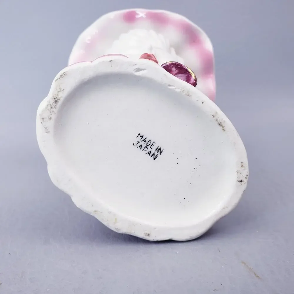 Vintage Lady Head Vase Pink Hat Dress Purple Roses White Hair Made in Japan
